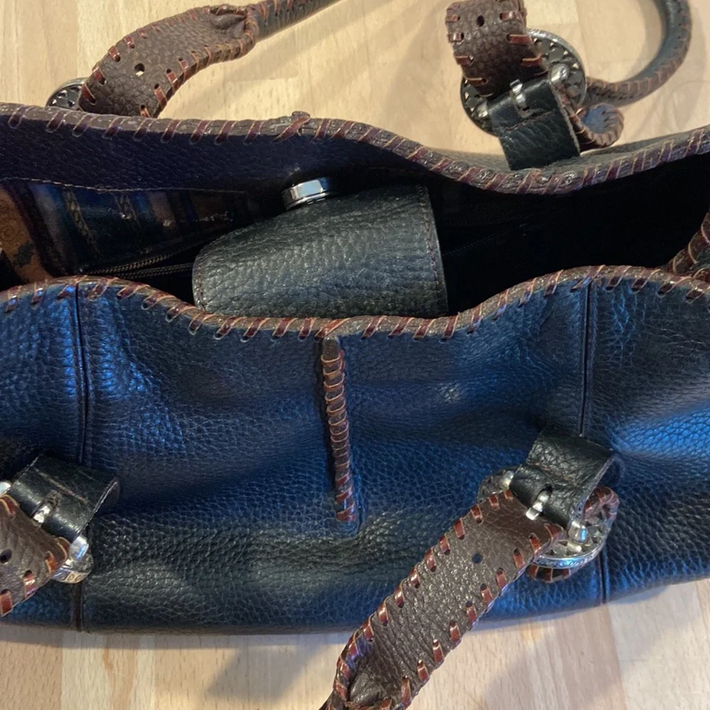 BRIGHTON Rayann Dark Brown Pebble Leather Braided Handles Whipstitch Satchel